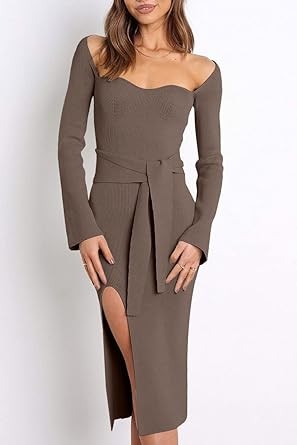 LILLUSORY Women's Sweetheart Neckline Midi Dress Long Sleeve Ribbed Knit Sweater Outfits with Slit and Belt