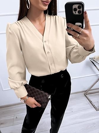 Women's Business Casual Tops Summer Long Sleeve Silk Button Down Shirts V Neck Chiffon Blouses…