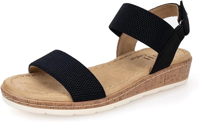 VJH confort Women’s Flat Sandals Open Toe Elastic Ankle Strap Slip on Comfy Low Wedge Sandals