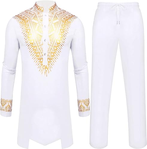 Pacinoble Mens African 2 Piece Set Metallic Traditional Suit Floral Printed Mens African Dashiki Shirt and Pants Outfit