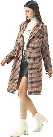 CHARTOU Women's Winter Oversize Lapel Collar Woolen Plaid Double Breasted Long Peacoat Jacket