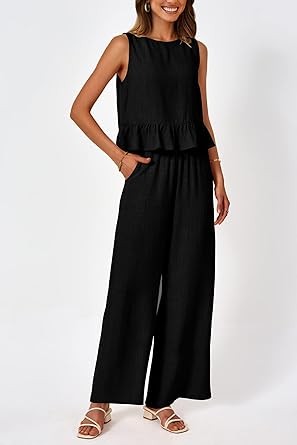PRETTYGARDEN Women's Summer 2 Piece Outfits Casual Sleeveless Ruffle Tank Top and Wide Leg Pants Loungewear Set