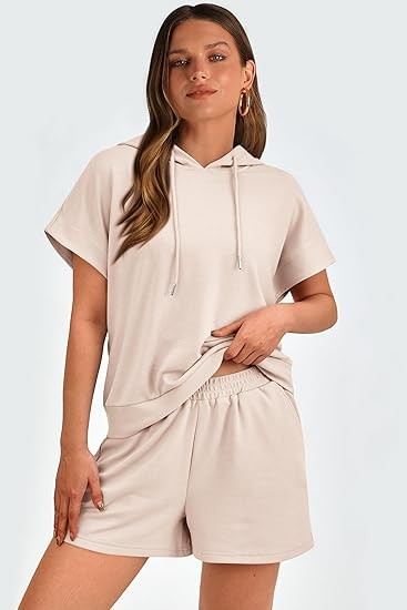 PRETTYGARDEN Women's 2 Piece Outfits Summer Cap Sleeve Hoodie Tops And Lounge Shorts Sweatsuits Sets