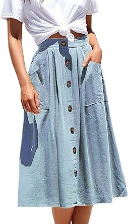 Naggoo Women's Polka Dot Midi Skirts Casual High Elastic Waist A Line Pleated Midi Chiffon Skirts with Pockets
