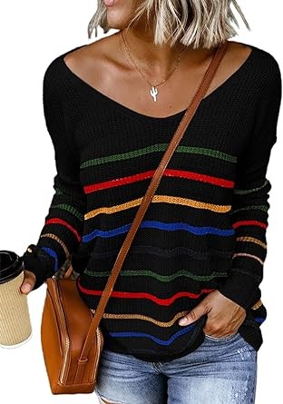 Dokotoo Womens 2023 Cute Summer Fall Color Block Striped Lightweight Comfy Cable Knit Beach Pullover Sweaters