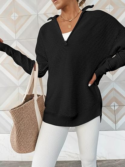 ANRABESS Women's 2023 Trendy Long Sleeve Half Zip V Neck Collared Casual Oversized Ribbed Knit Pullover Sweater Thumb Hole