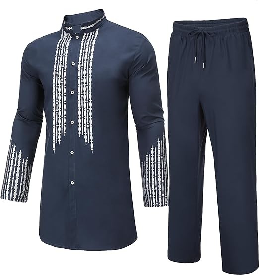 Daupanzees Mens African 2 Piece Set Traditional Suit Dashiki Button Down Shirt and Pants Outfit