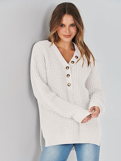 ANRABESS Women's Oversized Sweaters Long Sleeve Loose V Neck Button Henley Tops Side Slit Pullover Knit Jumper