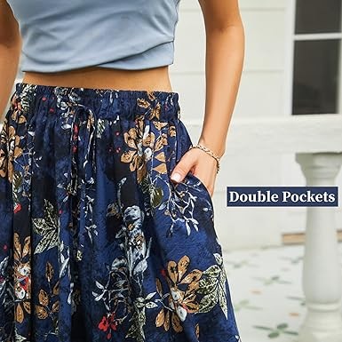 Abaadlw Maxi Skirts for Women with Pocket A Line Long Midi Casual Skirt for Beach Party Holiday