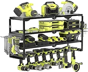 MOOMSINE 4 Layer Power Tool Organizer Wall Mount, Battery Tools Holder with Charging Station Shelf, Cordless Drill Hanger Storage Rack for Garage Organization, Workshop, Pegboard - 32 Inch 8 Slots