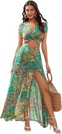 Floerns Women's 2 Piece Boho Twist Front Top and High Split Maxi Skirt Set