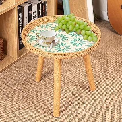 A.B Crew Round Rattan Side Table with 3 Wood Legs Coffee End Table Sofa Side Table Nightstand Table Beside Table for Home Decor Green