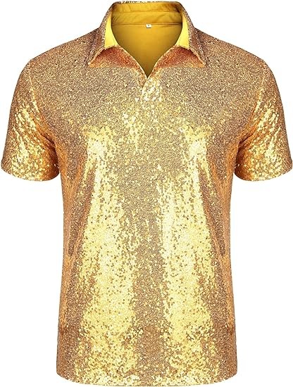 URRU Men's Relaxed Short Sleeve Turndown Sparkle Sequins Polo Shirts 70s Disco Nightclub Party T-Shirts Tops S-XXL