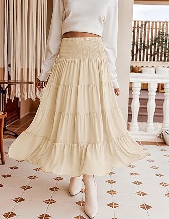 Zeagoo Women's Long Maxi Skirts Tiered Elastic High Waist Boho Double Layered Print A-Line Casual Midi Dress