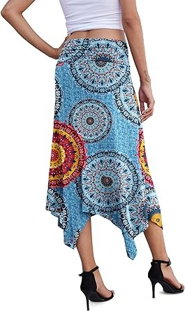 PrinStory Women's Casual Elegant Flowy Handkerchief Hemline Midi Skirt