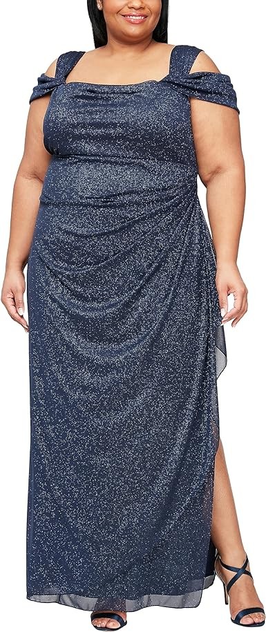 Alex Evenings Women's Plus Size Long Cold Shoulder Dress with Ruched Skirt
