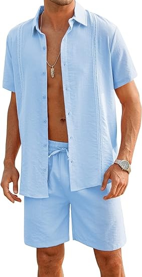 LecGee Men Summer Casual Short Sets Linen Short Sleeve Cuban Shirt Drawstring Waist Shorts 2 Piece Summer Outfits