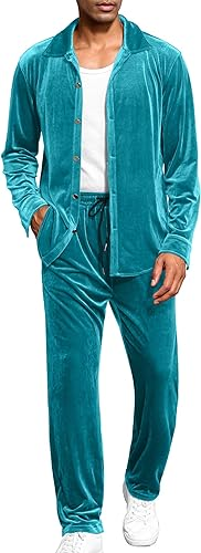 LecGee Men Fall Casual Sets Velvet Long Sleeve Button Down Shirt Elastic Waist Velour Pants 2 Piece Outfits Tracksuit