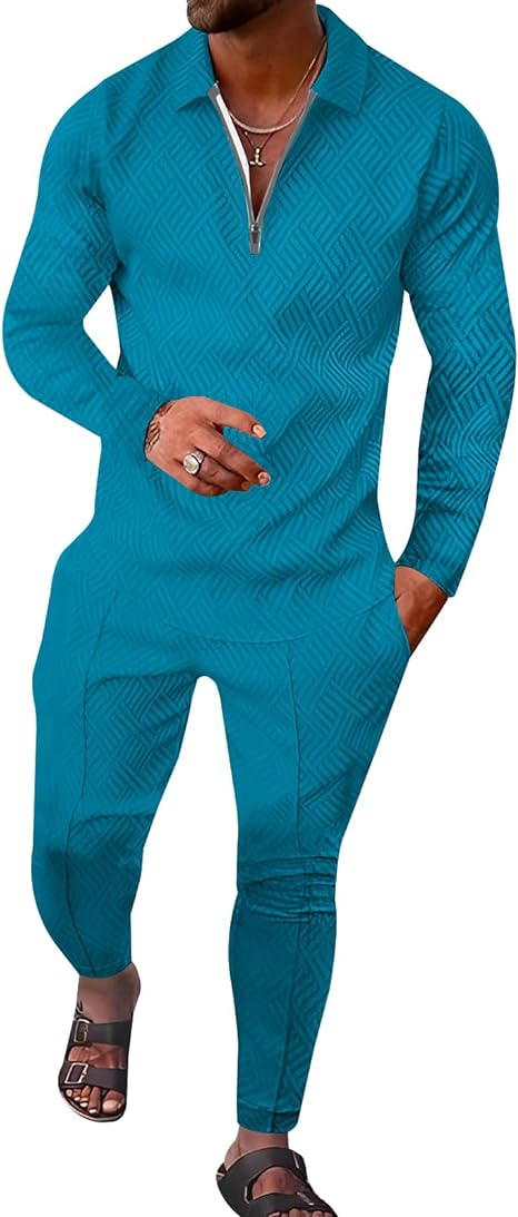 Men's 2 Piece Tracksuit Set-Casual Long Sleeve Sweatsuit Quarter Zip Polo Print Shirt Athletic Jogging Outfits for Men