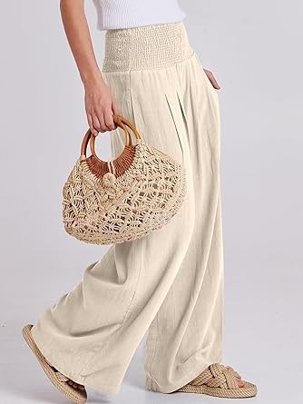 ANRABESS Women Linen Palazzo Pants Summer Boho Wide Leg High Waist Casual Lounge Pant Trousers with Pockets