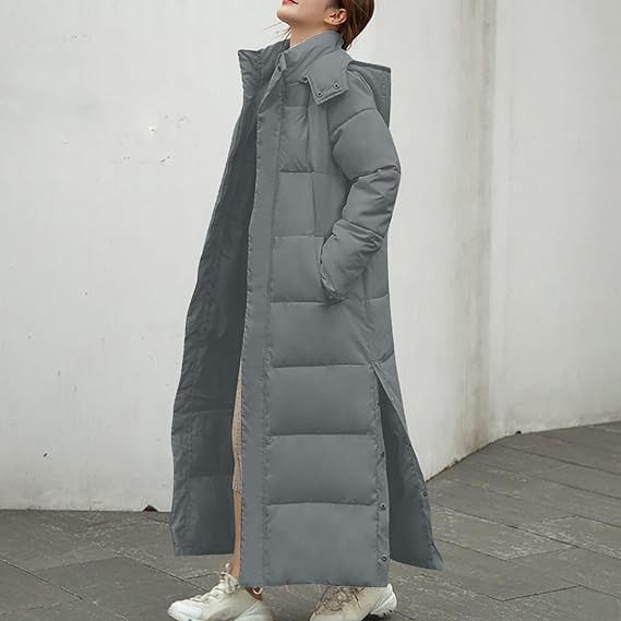 Womens Winter Long Down Jackets Hoods Long Sleeve Thermal Warm Slit Solid Color Coat With Pocket Fashion Y2K
