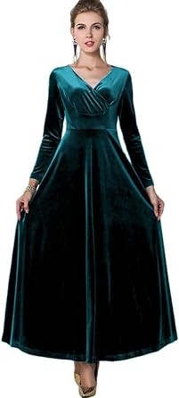 Urban CoCo Women Long Sleeve V-Neck Velvet Stretchy Long Dress