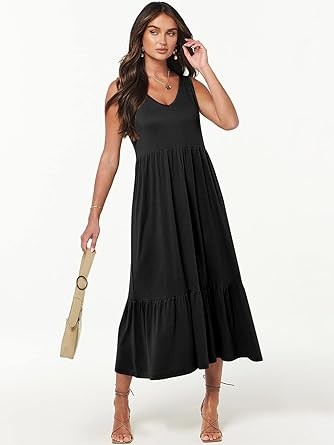 ANRABESS Women's Summer Casual Sleeveless V Neck Swing Dress Fit & Flare Flowy Tiered Maxi Beach Sundress with Pockets