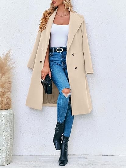 Fisoew Women Double Breasted Coats Long Winter Work Office Overcoat Pocketed Outwear with Belt