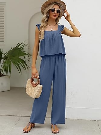 AUTOMET Womens 2 Piece Outfits Tracksuits Lounge Matching Sets Two Piece Linen Pants Ruffle Shoulder Trendy Clothes 2023