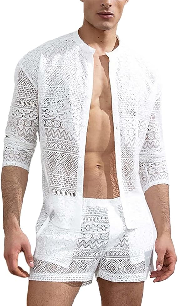 EndoraDore Men's 2 Pieces Shirt Sets Sexy Lace See Through Long Sleeve Casual Button Down Shirts and Shorts Tracksuit