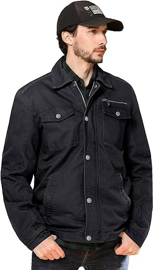 WenVen Men's Casual Canvas Cotton Military Lapel Jacket