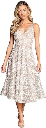 Dress the Population Women's Elisa Sleeveless Plunge Neckline FIT and Flare MIDI Dress