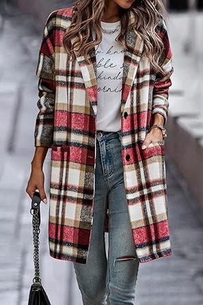 PRETTYGARDEN Women's 2023 Plaid Shacket Jacket Casual Button Wool Blend Winter Tartan Trench Coat With Pockets