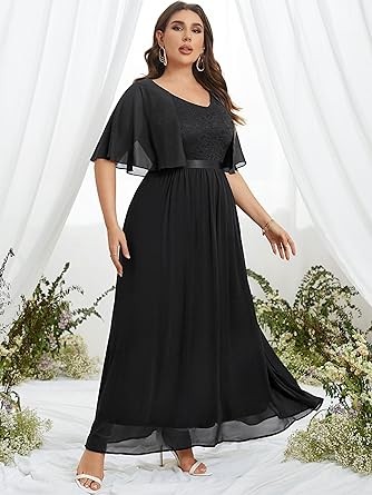 Knitee Women's Plus Size Half Sleeves Cape Dress Lace Chiffon V Neck Evening Party Maxi Dress