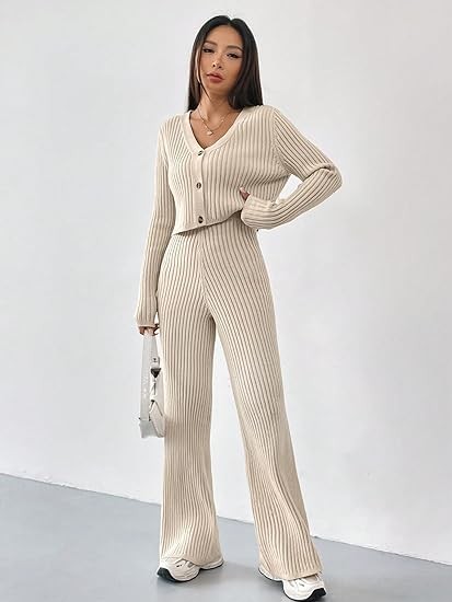 MakeMeChic Women's 2 Piece Outfits Rib Knit Button Down Crop Cardigan Sweater Top Pants Lounge Set