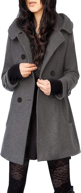 Tanming Women's Warm Double Breasted Wool Pea Coat Trench Coat Jacket with Hood