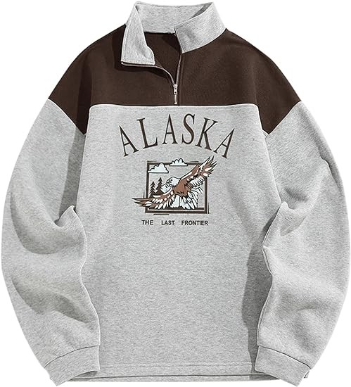 ZAFUL Men's Letters Embroidered Raglan Sleeve Quarter Zip Fleece Vintage Pullover Sweatshirt