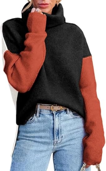 Dokotoo Womens Turtleneck Sweaters Casual Long Sleeve Color Block Side Slit Pullover Knit Jumper Tops