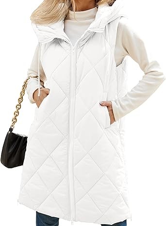 MEROKEETY Womens Sleeveless Quilted Long Puffer Vest Hooded Full Zip Jacket Coats with Pockets