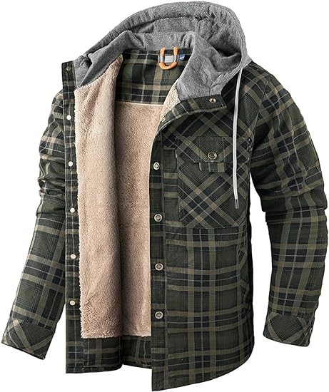 Mr.Stream Men's Hooded Coat Casual Thicken Long Sleeve Plaid Work Flannel Button Down Shirt Jacket