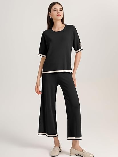 SuperPrity Women Sweater Set 2 or 3 Piece Outfits Short/Long Sleeve Knit Pullover Tops High Waist Wide Leg Pants Lounge Sets