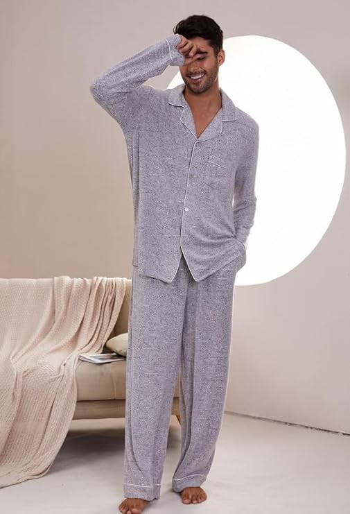 Vulcanodon Mens Pajama Set Ultra Soft Stretch Long Sleeve Lounge Pjs Button-Down lightweight & Warm Sleepwear