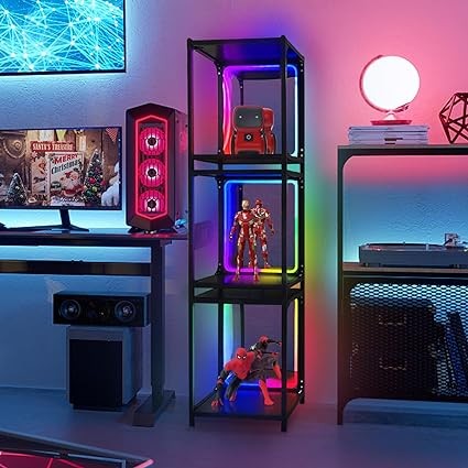 FUSLITE Display Cabinet, with LED Infinity Illusion Mirror, RGB Side Table, with Acrylic Mirror Sheet, for Collectibles, Anime Figures, for Party, Bedroom, Living Room Decoration (One Cabinet)