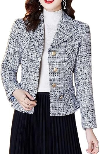Mina Self Tweed Plaid Blazers Jackets for Women Cropped Lapel Open Front 2023 New Fall Winter Fashion Work Office Outfit