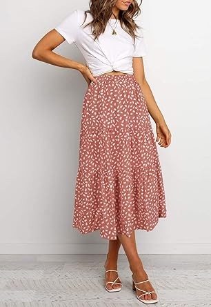 MEROKEETY Women's Boho Leopard Print Skirt Pleated A-Line Swing Midi Skirts