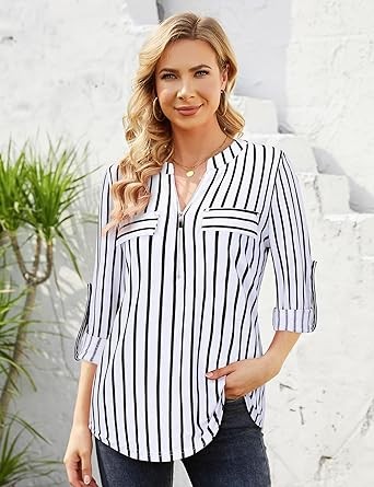 Bulotus Women's Zip Front V-Neck 3/4 Sleeve Tunic Casual Top