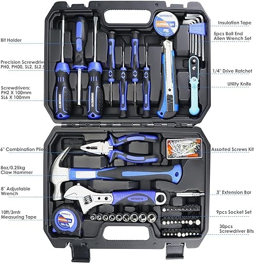 URASISTO Auto Repair Tool Set 128-piece Mechanic Hand Tool Kit with Storage Box, Nail, Pliers,Screwdriver, Hammer, Drive Socket, Wrench for Homeowner, DIY, Handyman