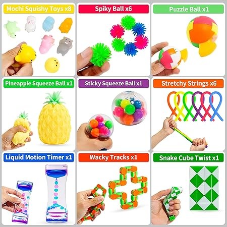 76 Pack Sensory Fidget Toys Set, Stress Relief and Anti-Anxiety Bundle Sensory Toys for Kids Adults, Cool Fidget Packs with Mochi Squishy, Magic Rainbow Ball, Motion Timer, Flippy Chain,Stress Ball...