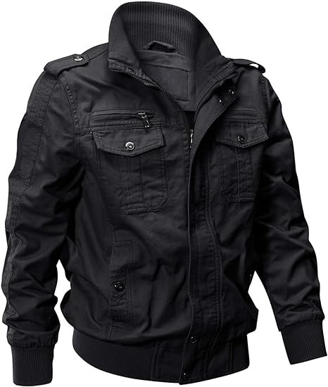 EKLENTSON Men's Cotton Lightweight Multi Pockets Zip Front Stand Collar Military Jackets Windbreaker