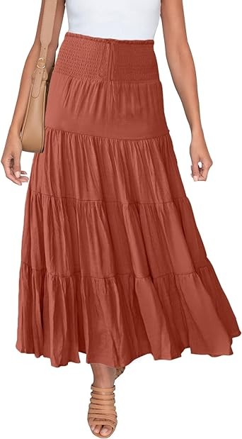 HAEOF Women's Summer Elastic High Waist Boho Maxi Skirt Casual Drawstring A Line Long Skirt